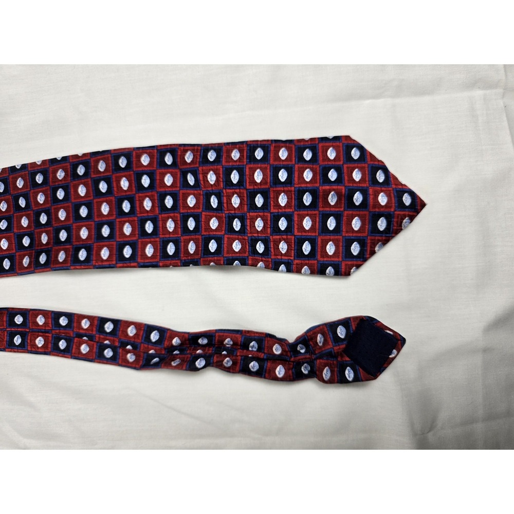 Pfizer Tie Mens Red Blue 100% Silk Geometric Grid Logo Novelty Allover Necktie